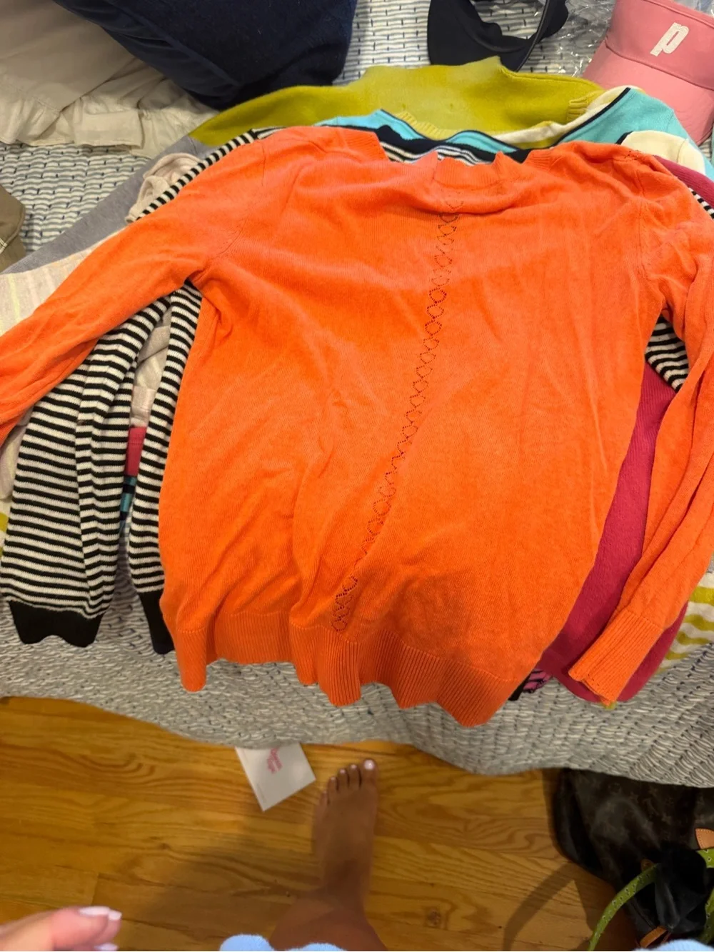 EP Pro Women's V-Neck Sweater in Coral with Lime and Aqua Accents